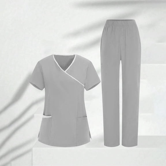 Women's Stretchy Scrub Sets Short Sleeve V-Neck T-Shirt Top & Wide Leg Pant with Pockets Nursing Uniform Work Suit Gray 3XL