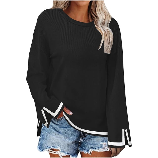 MeetoTime Long Sleeve Tops for Women Round Neck Slit Ribbed Pullover 2024 Fall Clothes Oversized Sweaters