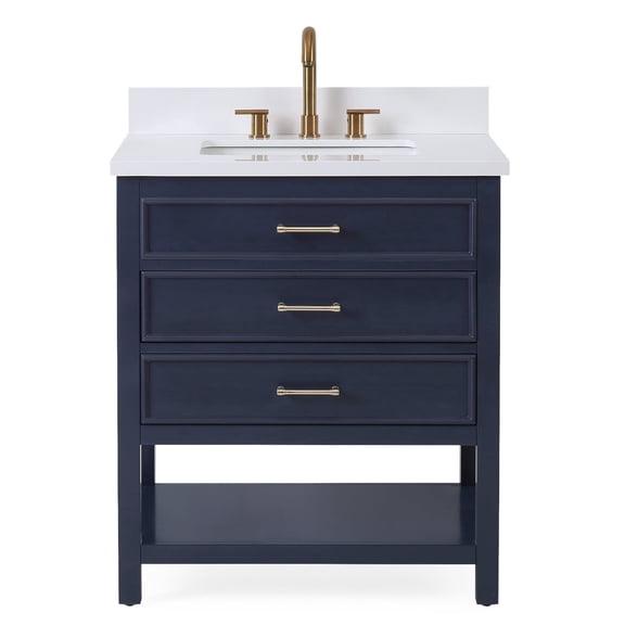 Tennant Brand 30" Modern Navy Blue Bathroom Vanity with White Quartz Top