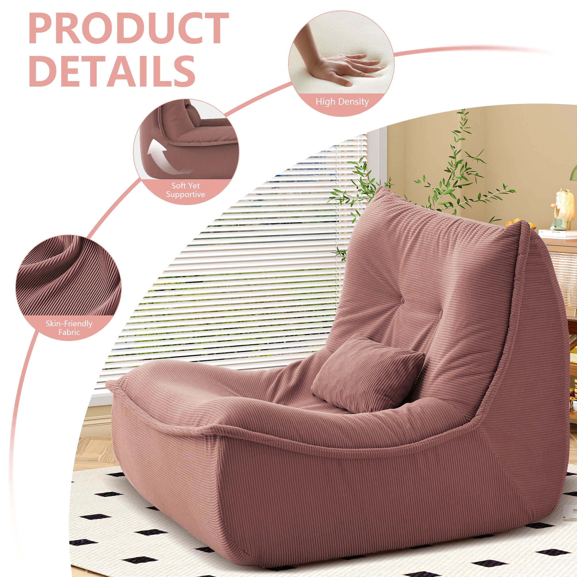 NBLDGT Bean Bag Chair for Adults, Single Lounge Chair with Lumbar Pillow, Comfy Floor Sofa with High-Resilience Foam, Lazy Accent Chair for Living Room, Bedroom, Apartment, Or Reading Corner, Pink