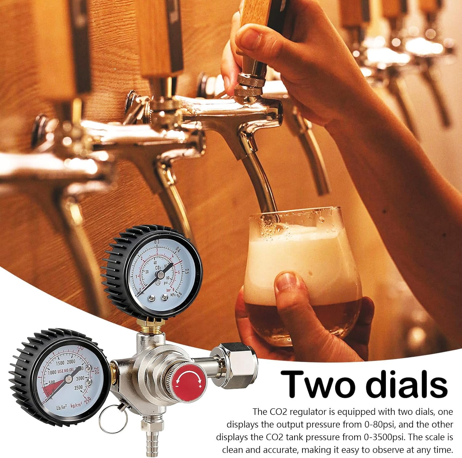 AWINQQY CO2 Regulator, Beer Tap System Regulator with 2 Gauges Adjustable CO2 Regulator W21.8 x 1/14 Inch Connection CO2 Regulator for Beer Brewing Beer Dispenser