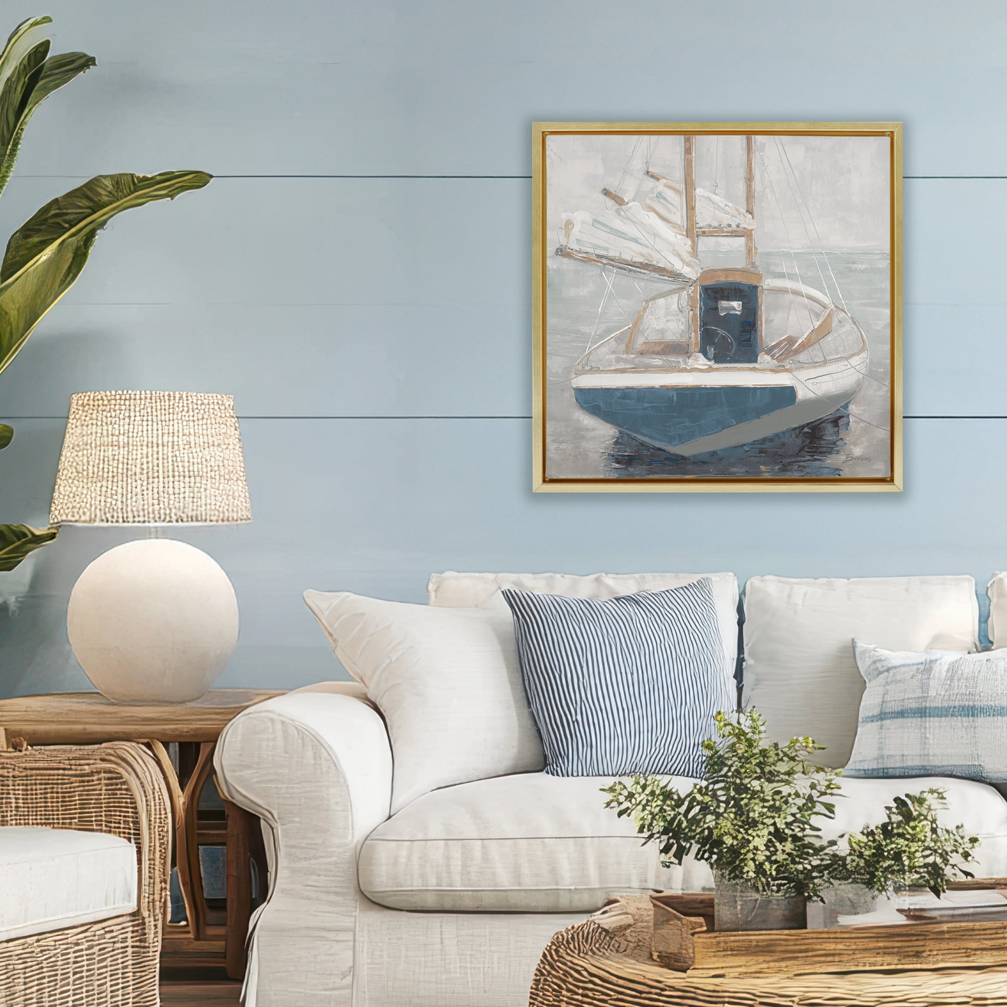 Stupell Industries Serene Harbor Sail Boat Gold Framed Floater Canvas Wall Art, design by John Burrows