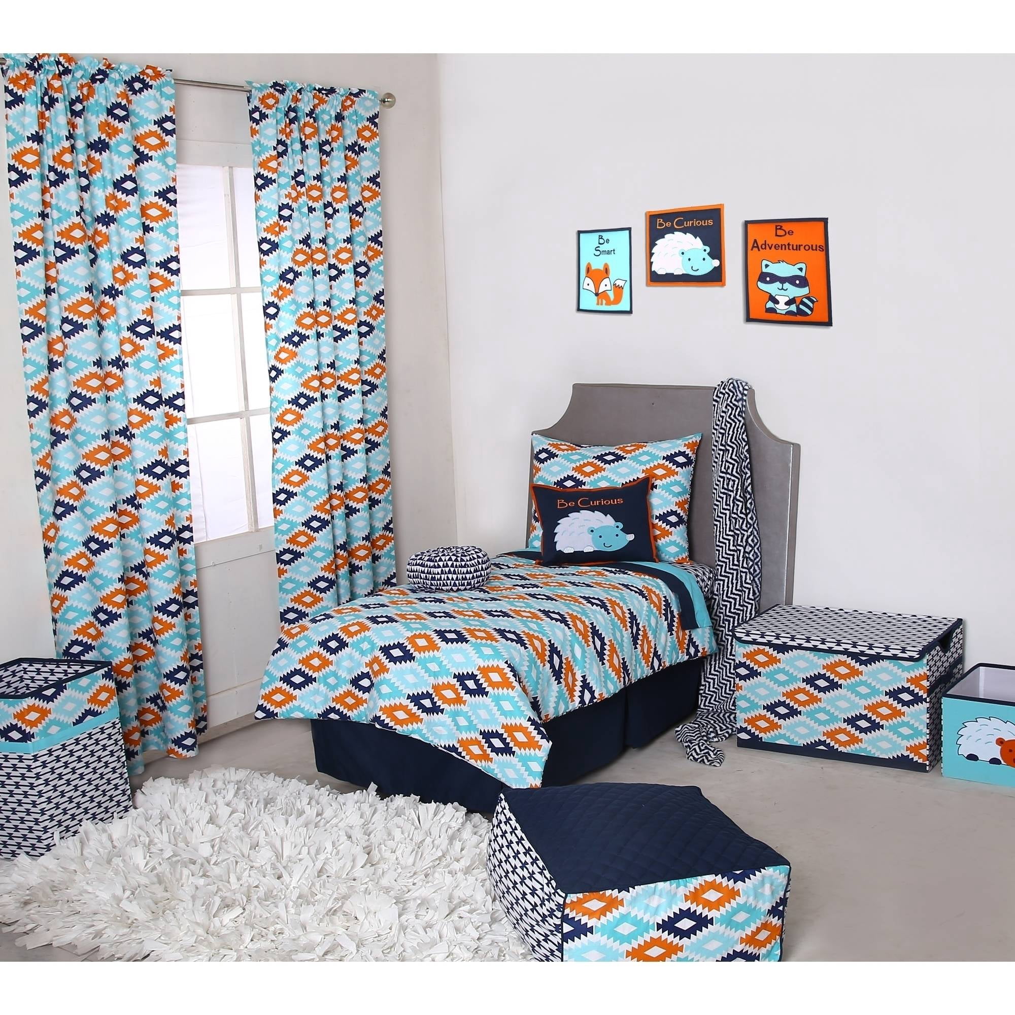 Bacati - Liam Aztec 3-Piece 100% Cotton Percale Toddler Sheet Set, Aqua/Orange/Navy