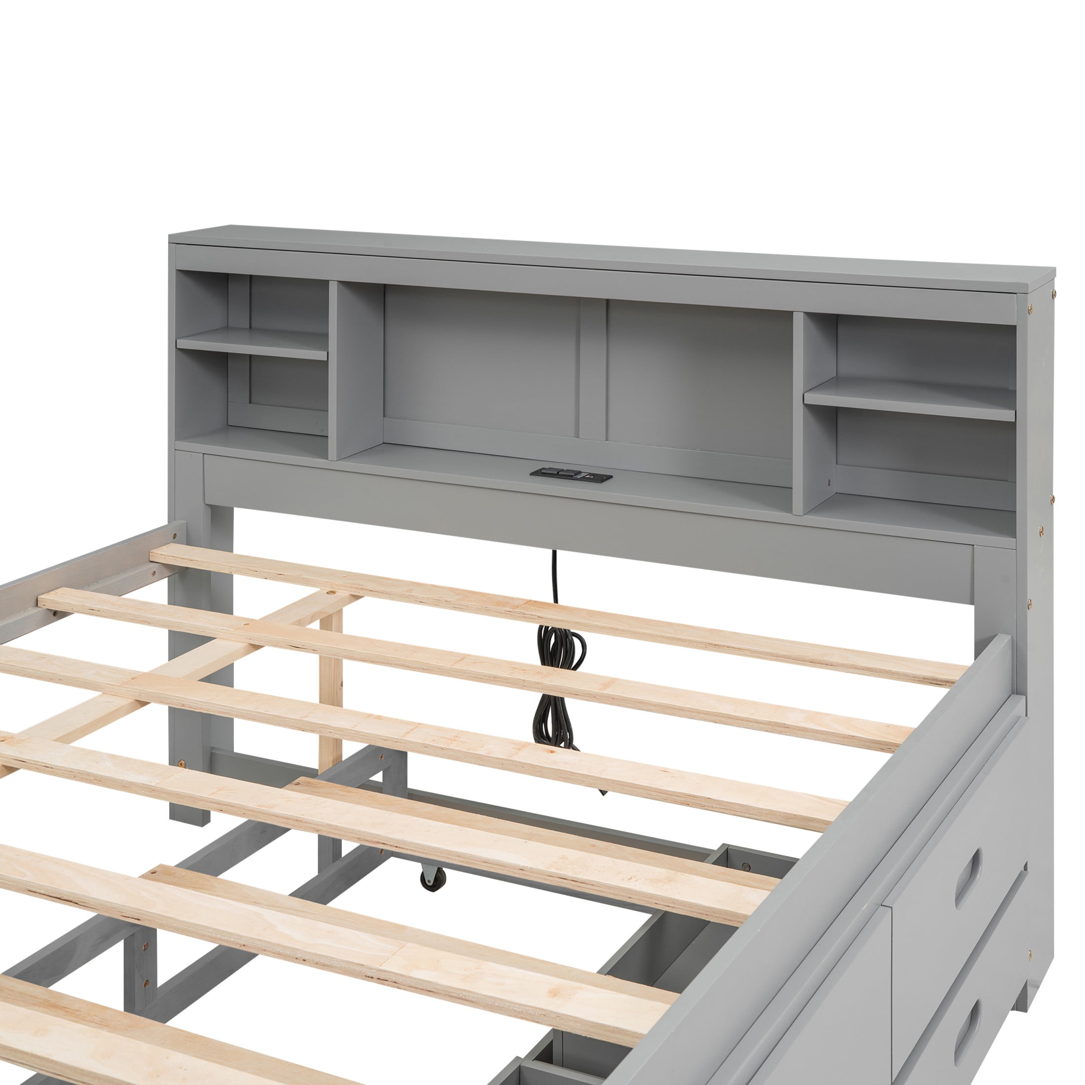 Noble House Nerissa Full Platform Bed with Bookcase Headboard, USB Ports, Extra Trundle and Storage Drawers, Gray
