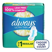 Always Ultra Thin Pads Size 1, Regular Absorbency with Wings, 62 Ct