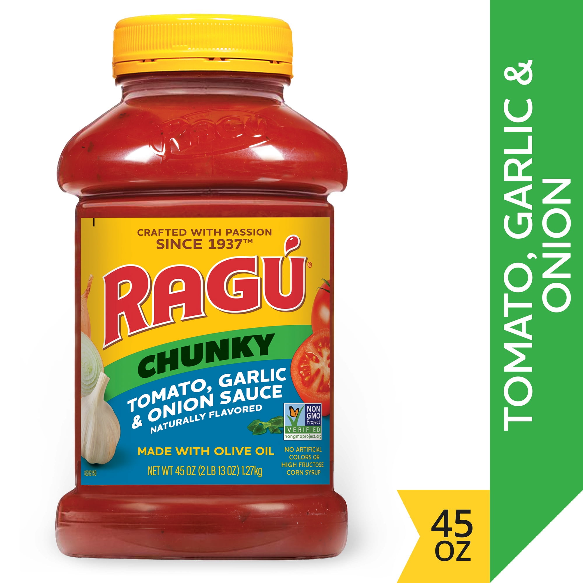Ragu Chunky Tomato, Garlic and Onion Pasta Sauce, Made with Olive Oil, Diced Tomatoes, Delicious Garlic and Onions, and Italian Herbs and Spices, 45 OZ