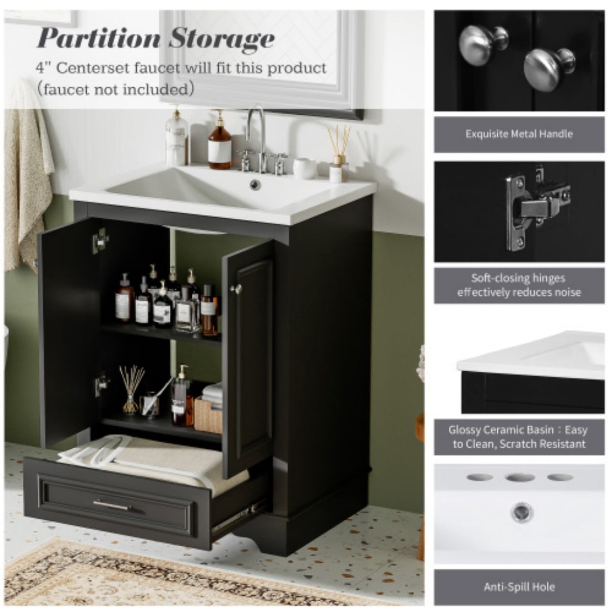24" Bathroom Vanity with Ceramic Sink, Freestanding Bathroom Cabinet with Storage, Soft Close Doors, Adjustable Shelf, Silver Handles, Black