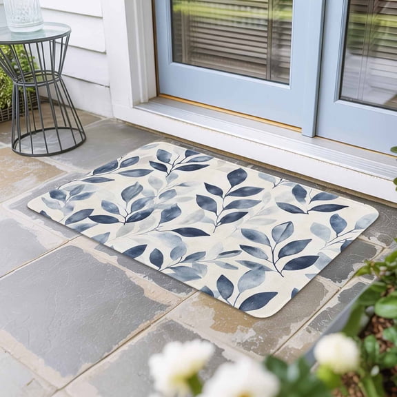 Navy Blue Botanical Door Mat Indoor Outdoor, Pastoral Spring Leaves Watercolor Non Slip Welcome Mat with Rubber Backing, Absorbent Fabric Front Door Mats Entryway Rug for Home Patio Entrance 16"x24"