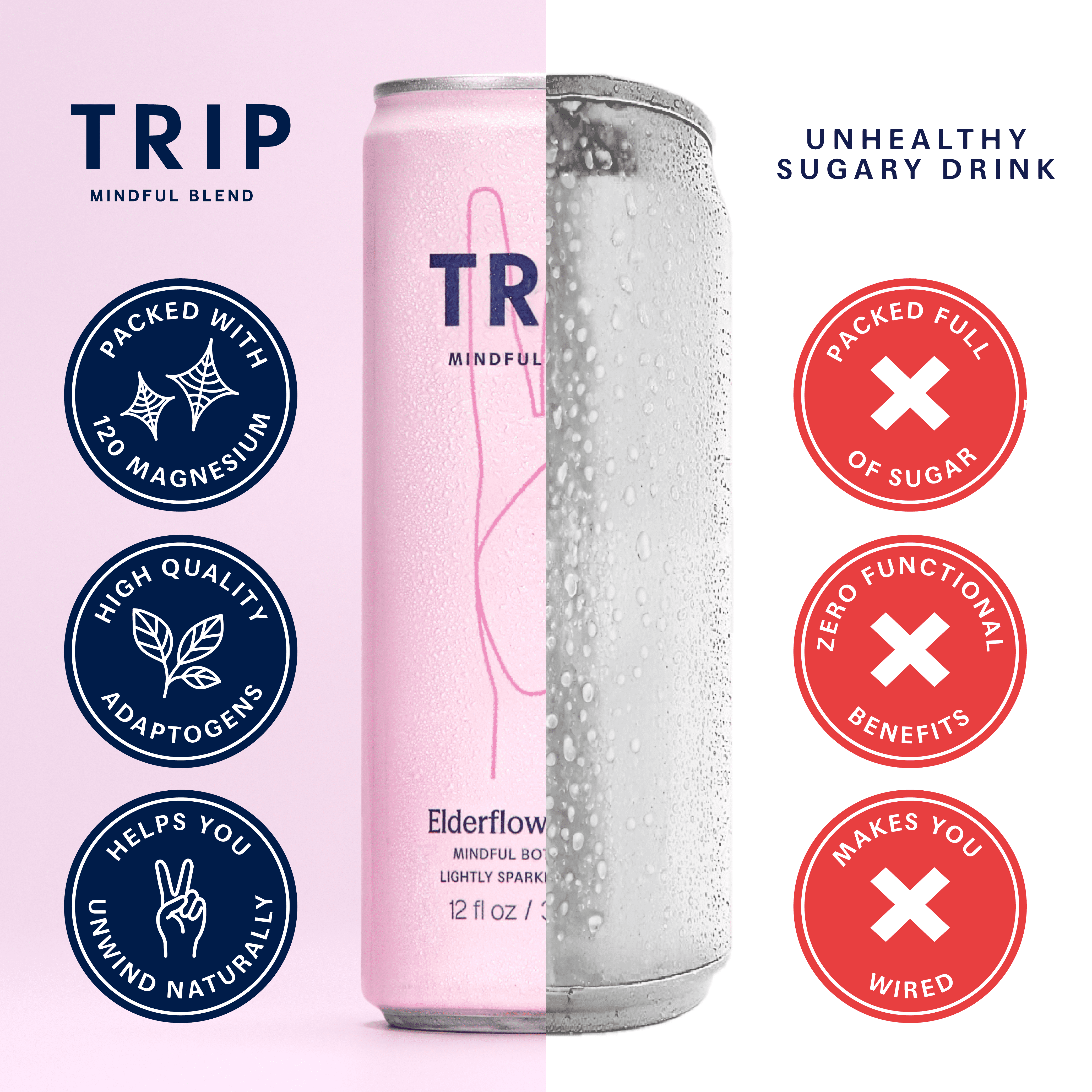 TRIP Sparkling Magnesium Drink, Elderflower Mint Flavor, 12 oz, 12 Pack, Adaptogen Drink With Ashwagandha and Lions Mane