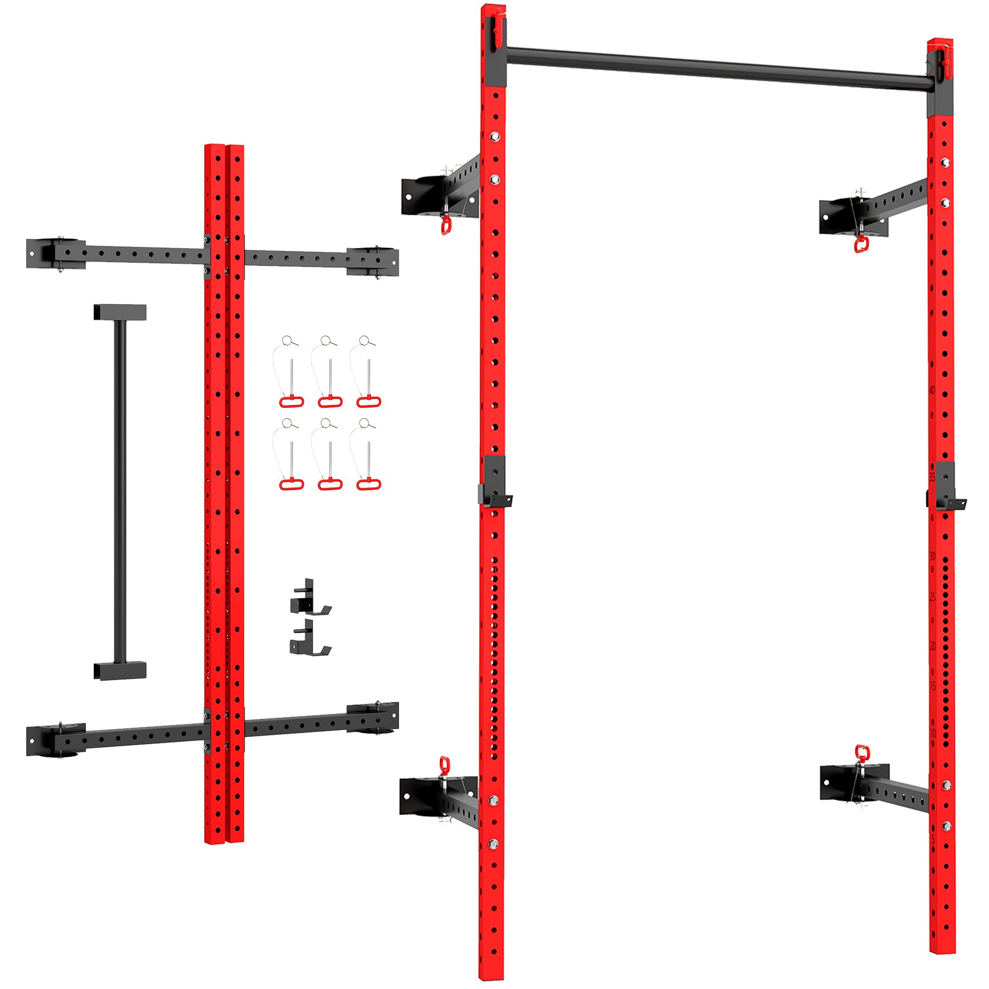 Soozier Folding Squat Rack w/ Pull Up Bar - Wall Mount, Adjustable 17 Levels, 1000lb Capacity, Steel - Red (48" x 23.6" x 89.9")