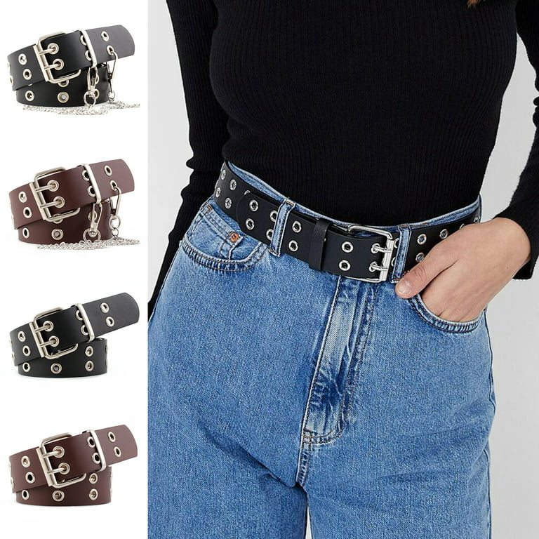 Double Grommet Leather Belts for Women Star Studded Belt for Jeans Pants  Punk Waist Belt for Men（Brown） 