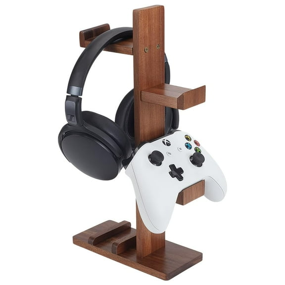 Controller Holder with Headphone Stand Wood Gaming Controller Stand Brown Gamer Controller Holder for Switch Headset Stand with Storage Organizer for Game Lover Game Room Decor Brown