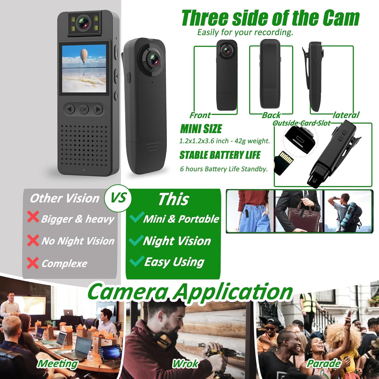 1080P Mini Body Camera with Audio Clip-on Video Recorder Wide Angle Video Camera Built-in Battery Night Vision Motion Detection for Hiking Riding Running Travel