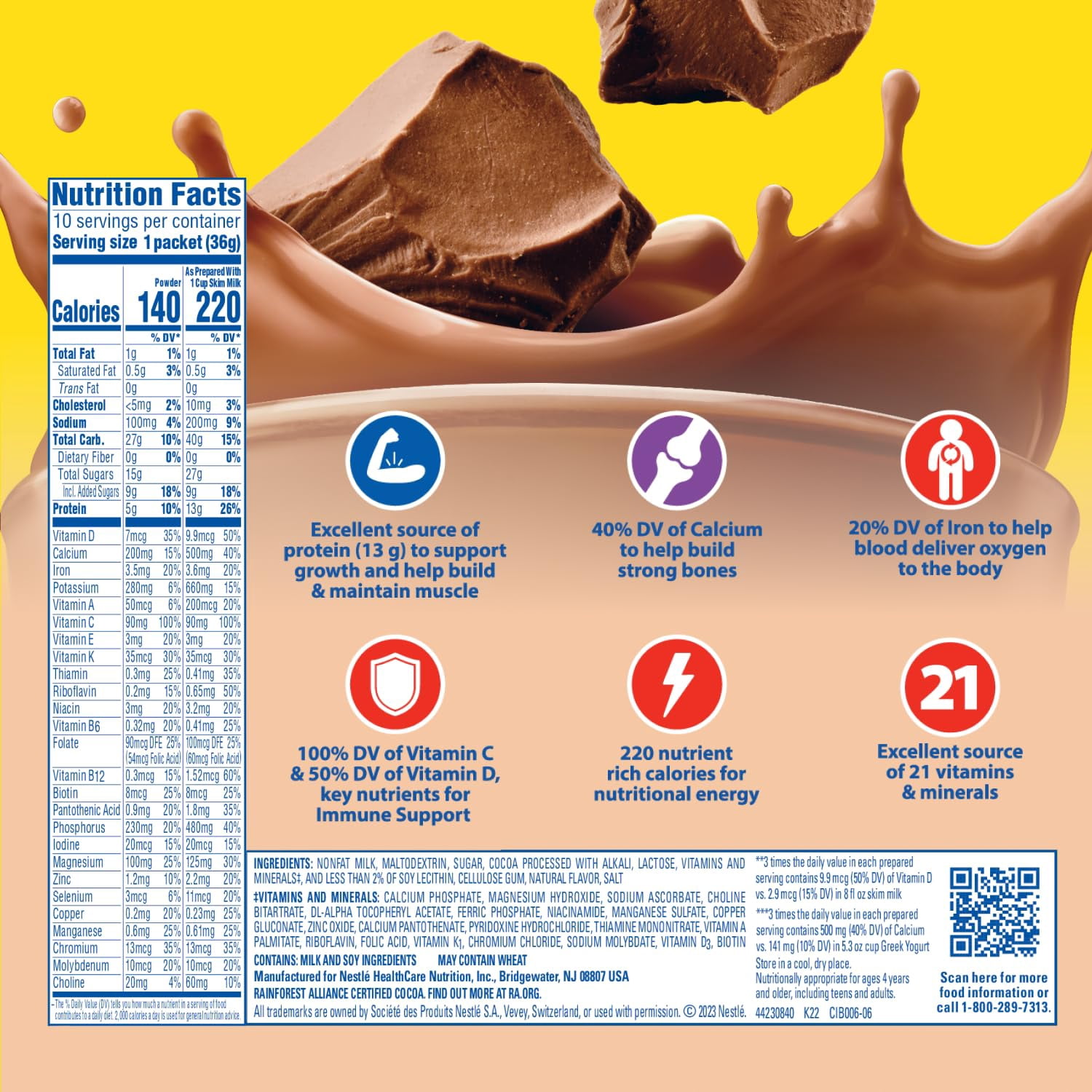 Carnation Breakfast Essentials Powder Drink Mix, Rich Milk Chocolate, 10 Count Box of 1.26 Ounce Packets (Pack of 6)