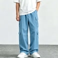 thumbnail image 4 of Boys Wide Leg Cargo Pants, Children Elastic Waist Casual Trousers with Cargo Pockets for Kids Hiking Outdoor Daily Activities Pants Blue 9-10T, 4 of 8
