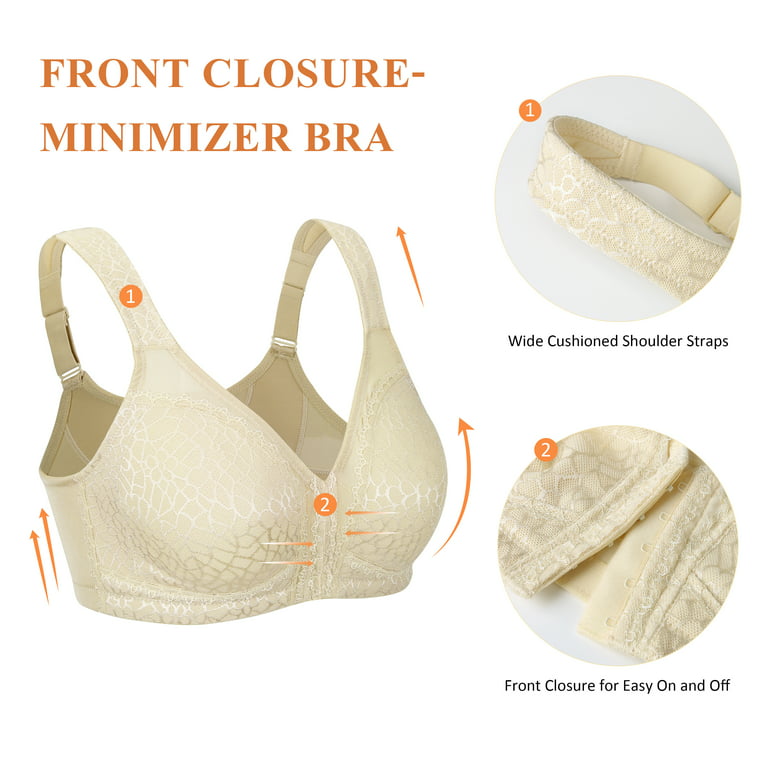 Exclare Women's Front Closure Full Coverage Wirefree Posture Back Everyday  Bra(Light Beige,48D)
