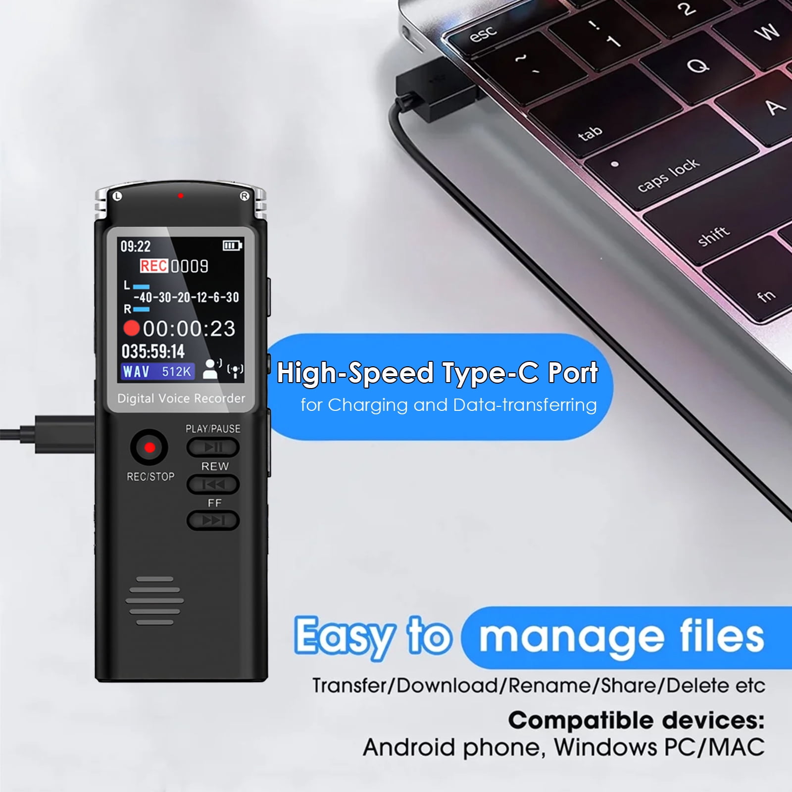 RONY 32GB Digital Voice Recorder Rechargeable Voice Activated Recording Device with A-B Repeat Playback Noise Reduction for Meeting Music Lecture Interview