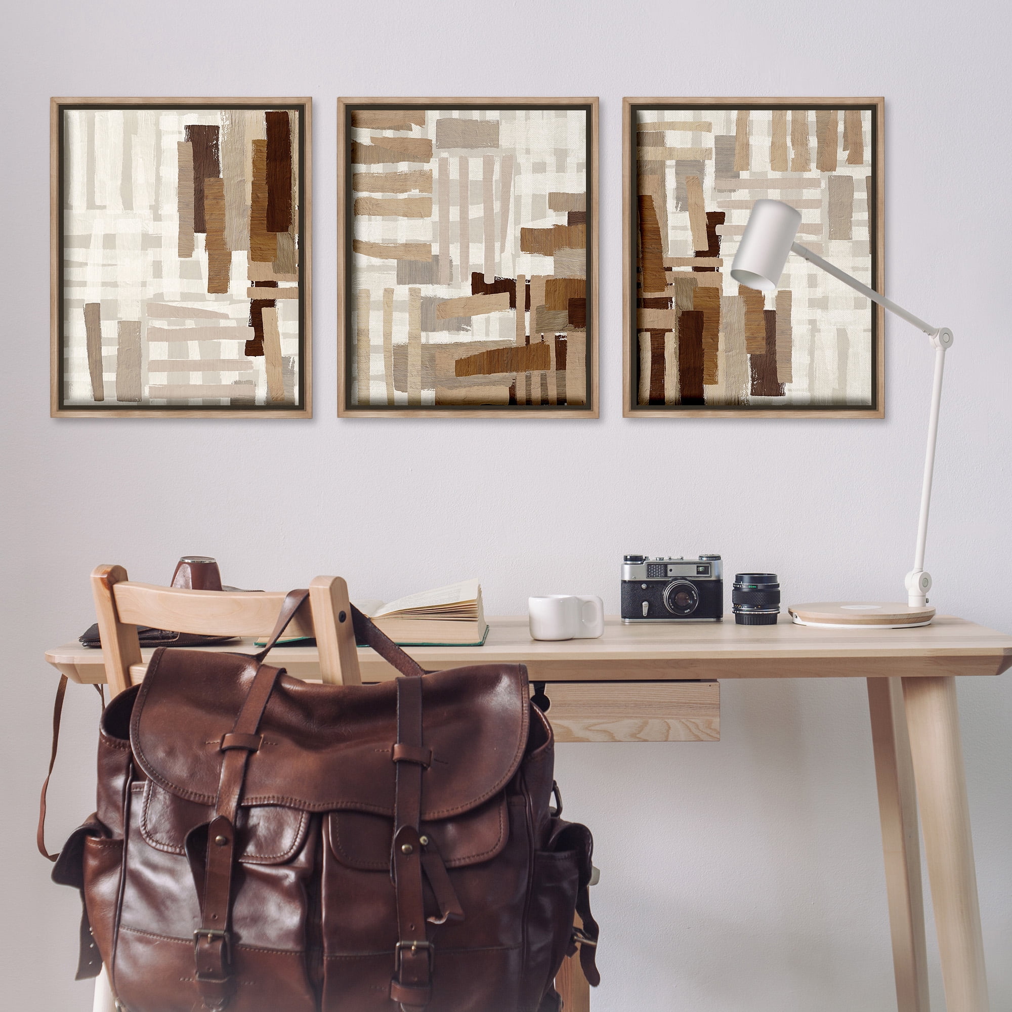 Stupell Industries Natural Hatched Patterns Abstract Painting Brown Floater Framed Canvas Art Print Wall Art, 25 x 31, Set of 3