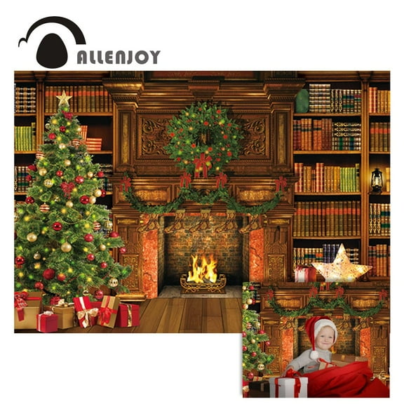 Allenjoy Christmas Fireplace Library Backdrop Bookshelf Merry Xmas Eve Pine Tree Background Holiday Party Supplies r Banner