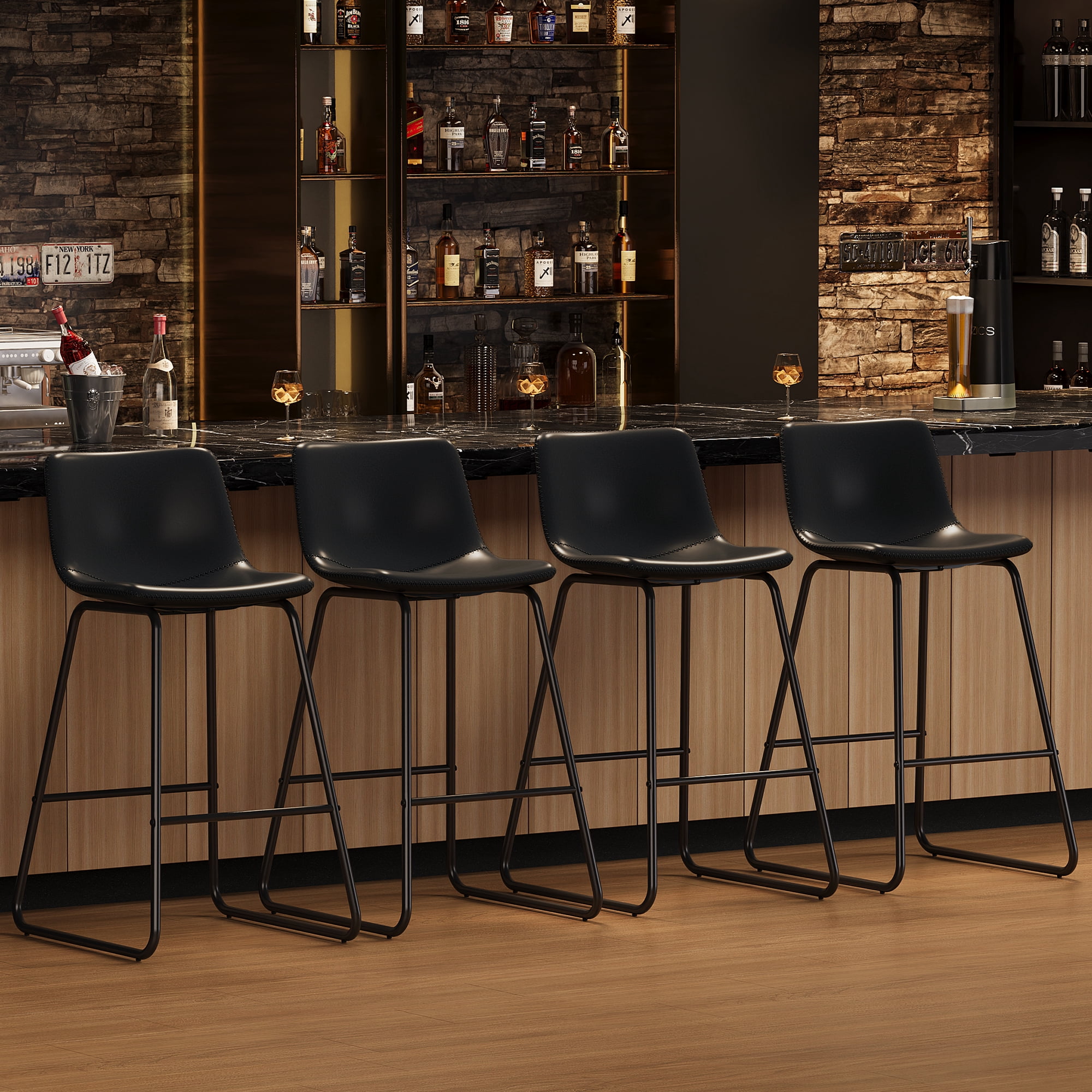 Aufeile 26" Counter Height Bar Stools Set of 2 – Modern Faux Leather Barstools with Back & Metal Legs, Kitchen Bar Chairs for Island, Dining Room, Black