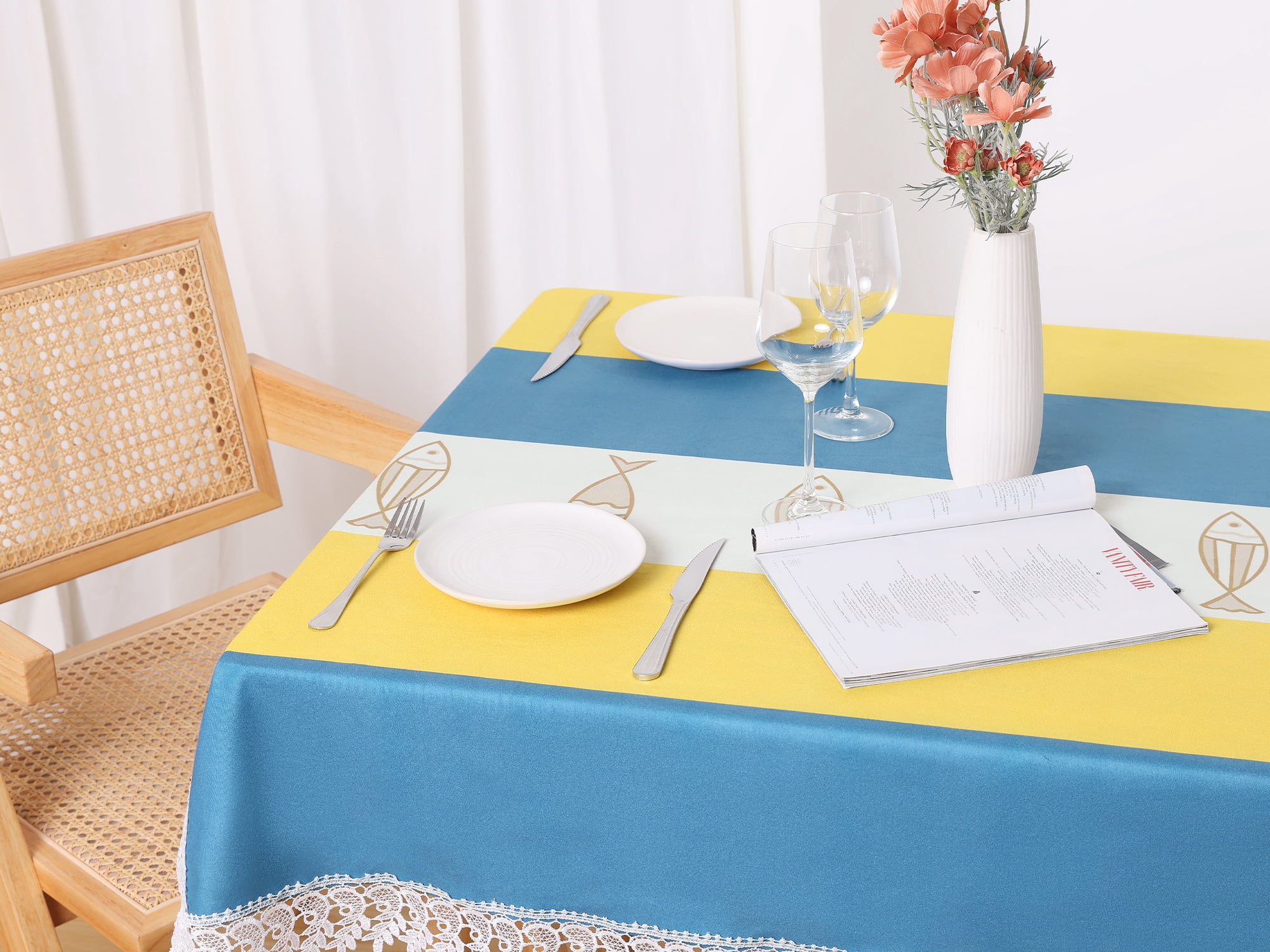 Unique Bargains Lace Rectangle Decor Macrame Polyester Kitchen Party Tablecloth Yellow Blue 59x79 Inch