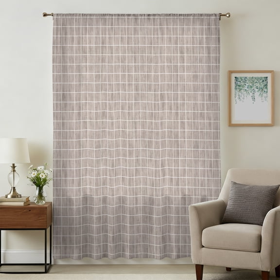 Taupe Plaid Sheer Curtains 84 Inches Long, Farmhouse Buffalo Checkered Gingham Light Filering Curtains, Breathable Simi Curtain Privacy Drapes for Living Room Bedroom Lightweight Window Treatment