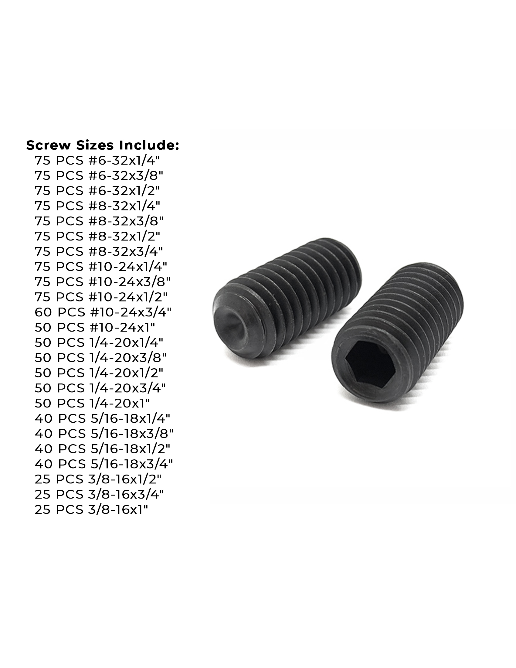 Alloy Steel Cup Point Allen Socket Set Screw Coarse Thread Black Oxide Assortment - 1396 Pieces