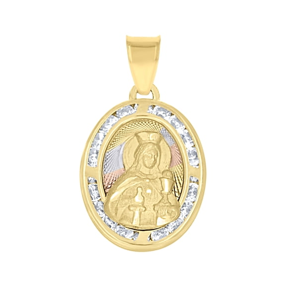 10kt Real Tri-Color Gold Unisex Cubic Zirconia Cubic-Zirconia Saint Barbara Religious Oval Charm Pendant