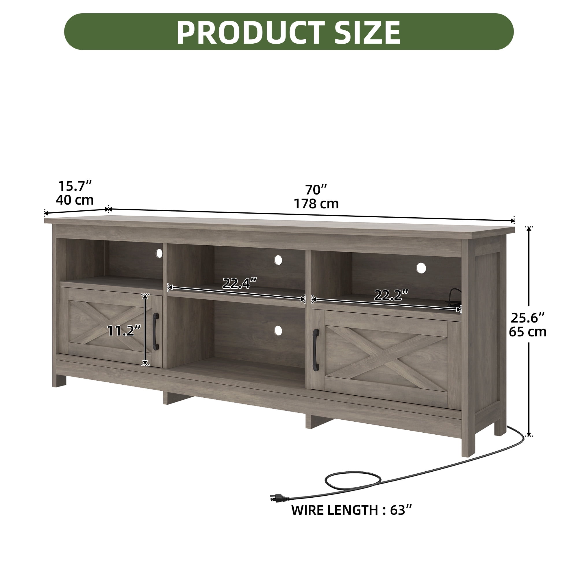 Uforic TV Cabinet with Storage, LED Lights, and Power Outlet for Living Room, Bedroom, or Apartment for 65 Inch TVs, Washed Gray
