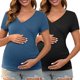 thumbnail image 1 of INSPIRAR CHIC Blusa de Maternidad para Mujeres con Pliegues, Cuello en V Cruzado, Estilo Faux Wrap, Manga Corta, T-Shirt, Talla X-Large, Negro y Azul, 1 of 6