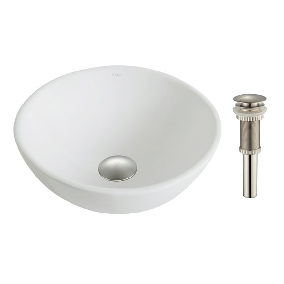 KRAUS Elavoâ„¢ Small Round Ceramic Vessel Bathroom Sink in White with Pop-Up Drain in Brushed Nickel
