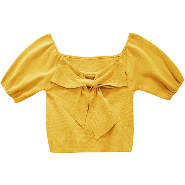 Sonducket Camisa de punto Bowknot Camiseta de color sólido Manga corta Top fino de verano Prendas para la parte del cuerpo Amarillo