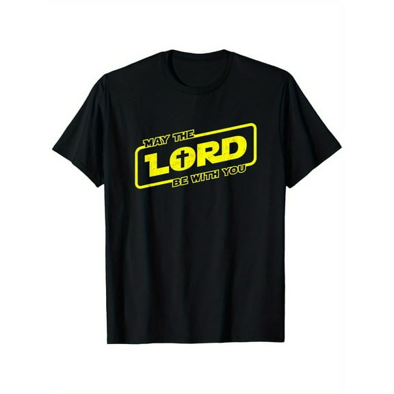 May the Lord Be with You" Christian Faith T-Shirt - 100% Cotton, Unisex, S-XXXL, Black with Yellow Print, Casual & Outdoor Wear, Machine Washable, Round Neck, Perfect for Men & Women