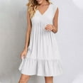 thumbnail image 2 of Quinlirra Womens Summer Dresses V-Neck Loose Solid Color Pleated Casual High Waisted Lace Sleeveless Dress White L, 2 of 6