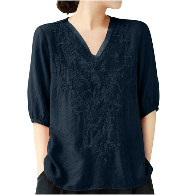 fheaev Chemise en Coton et Lin pour Femmes Hauts de Sortie Mode d'Été pour Femmes Manches Raccourcies Col Rond Ligne en Coton Chemise Ample Blouse