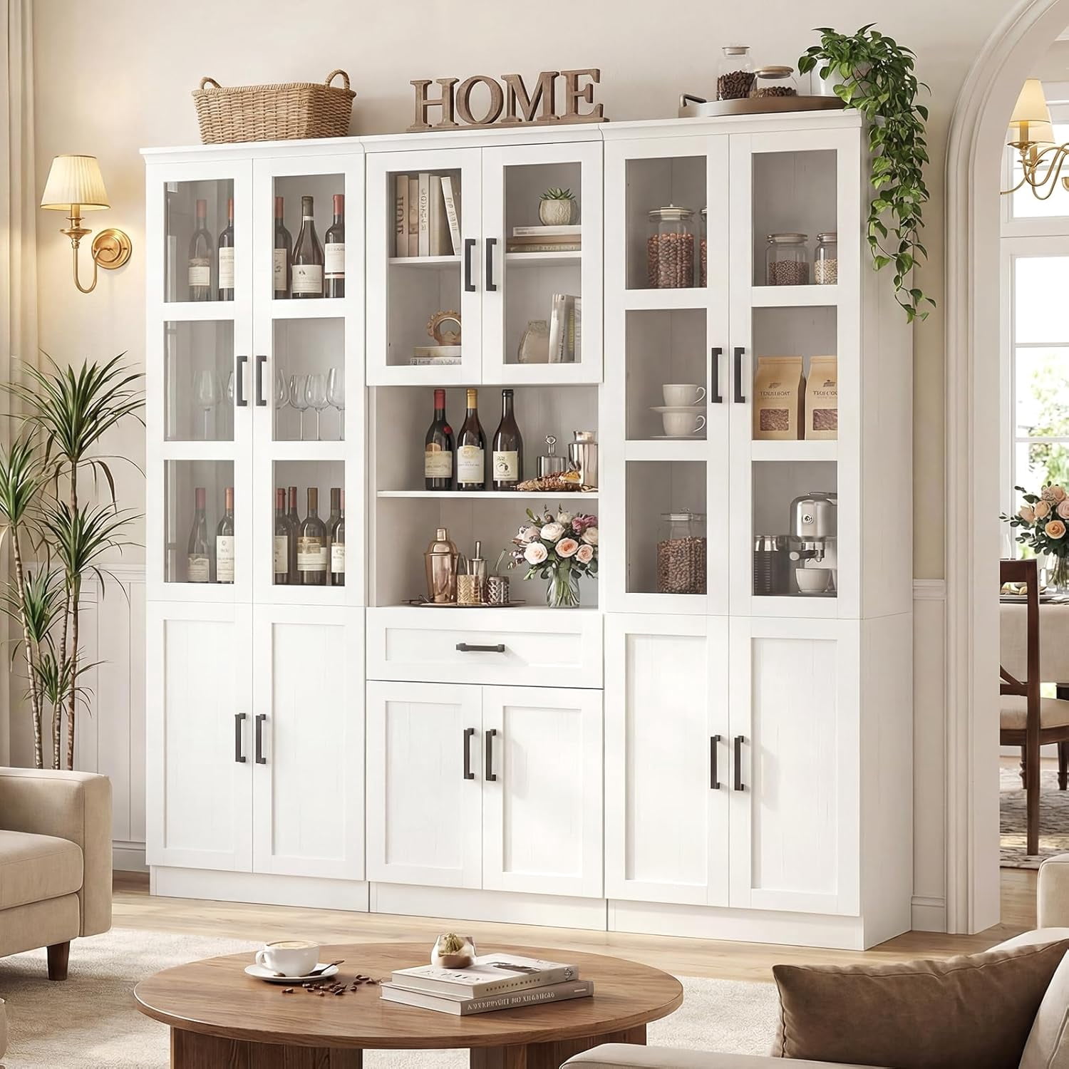 Homieasy 79.7'' Tall Pantry Cabinet 3-Piece Set - 70.8'' Width Kitchen Hutch Cabinet with Drawer and Adjustable Shelves, Suitable for Dining/Kitchen/Living Room, Off-White