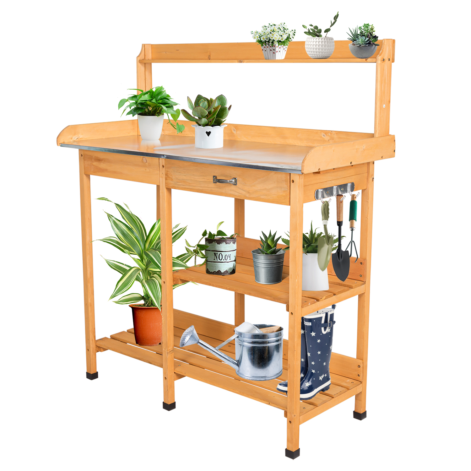 Kinbor Wooden Garden Potting Bench Work Station with Metal
