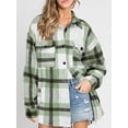 thumbnail image 5 of Women'S Flannel Plaid Shacket Fall Outfits Long Sleeve Button Down Shirts Jacket Coats with Side Pockets Green M, 5 of 8