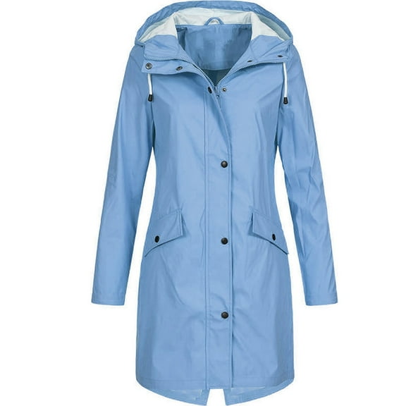 UTTOASFAY Women Coats Jackets Women Solid Rain Jacket Outdoor Plus Size Hooded Raincoat Windproof Blue
