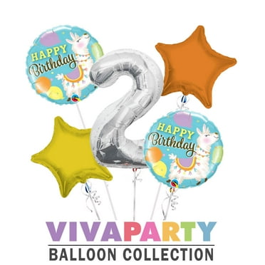 Happy Birthday Llama Round Balloon Bouquet 5 pc, 2nd Birthday, Silver Number 2 Jumbo Balloon | Viva Party Balloon Collection