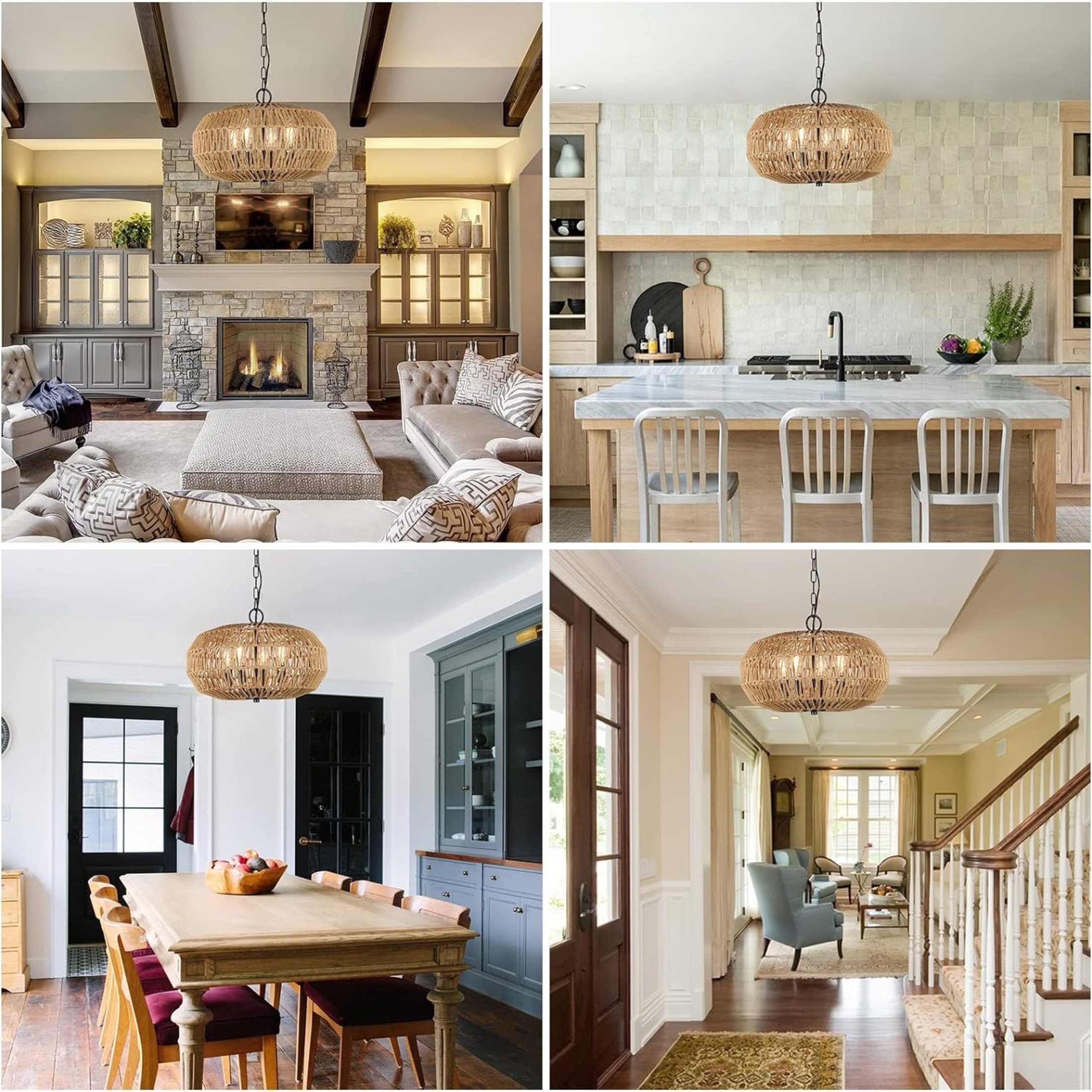 Noble House 15.7" Farmhouse Rattan Pendant Light, 4-Light Wicker Basket Chandelier for Dining Room & Foyer, Natural