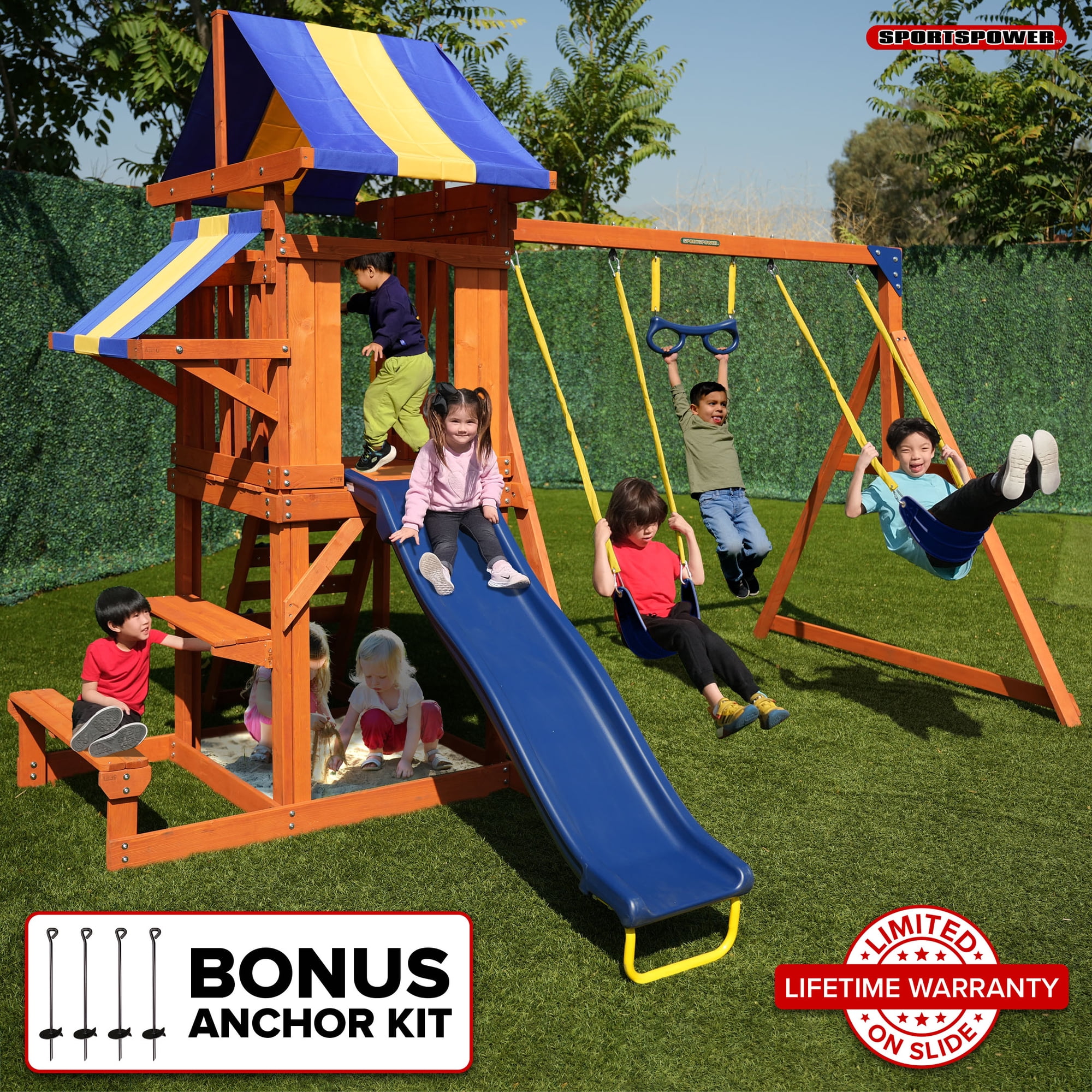 Sportspower Sunnyslope Wooden Swing Set with Play Fort, Trapeze, 6ft Double Wall Slide with Lifetime Warranty, & Bonus Anchor Kit