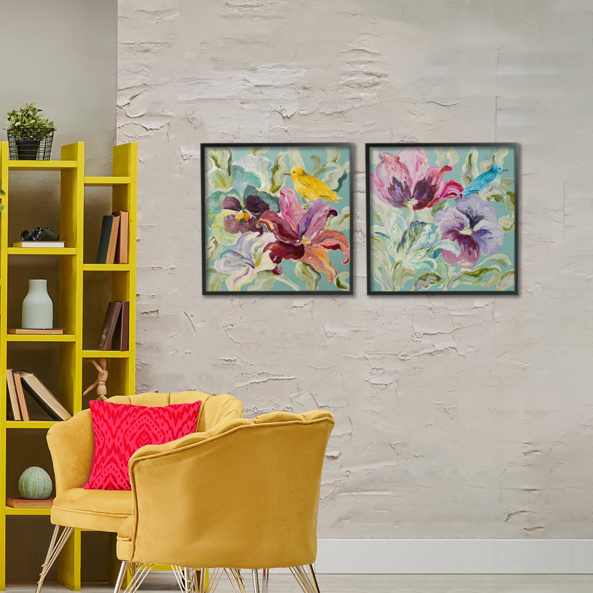 Stupell Industries Lyrical Garden Canaries 2 Piece Black Framed Giclee Art Set, design by Lanie Loreth
