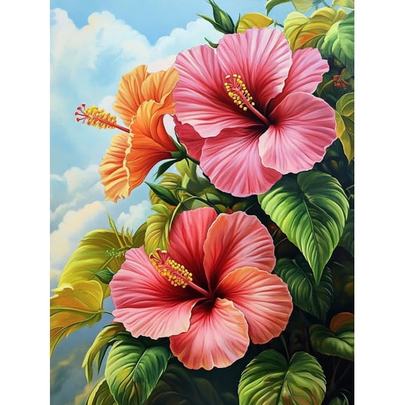 5D Hibiscus Tropical Flowers Diamond Art 12x16 Inch Full Drill Diamond Painting Kits for Adults & Beginners - DIY Art Crafts for Relaxation and Home Wall Decor 558A