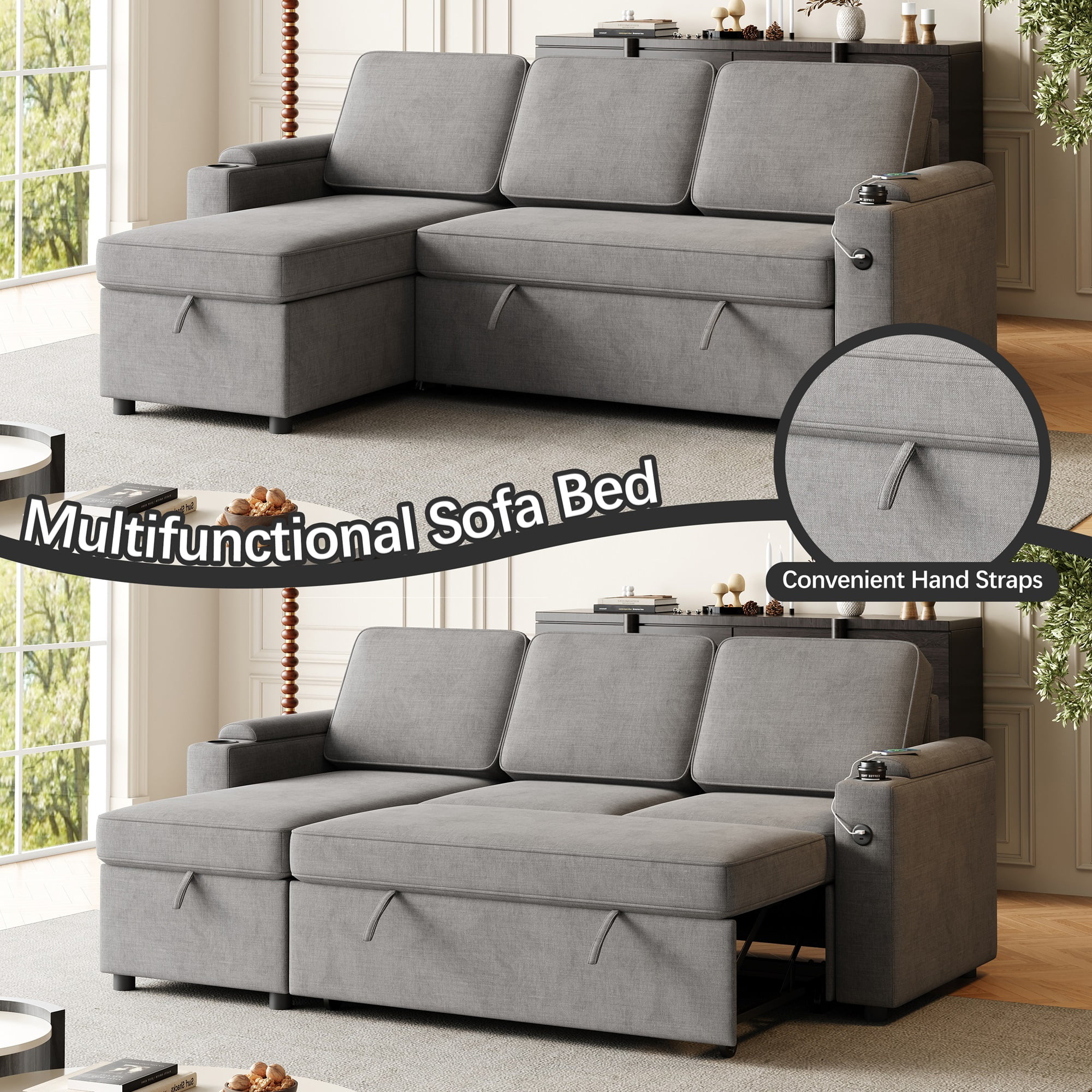 Lunale Sleeper Sectional with Storage Chaise, 85.8" Convertible Couch Bed for Living Room
