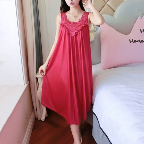 Women's Nightgowns & Sleepshirts Women Casual Solid Dress Sleeveless Round Neck Lace Splice Dress Pullover Loose Dress,Red Women Nightgowns & Sleepshirts