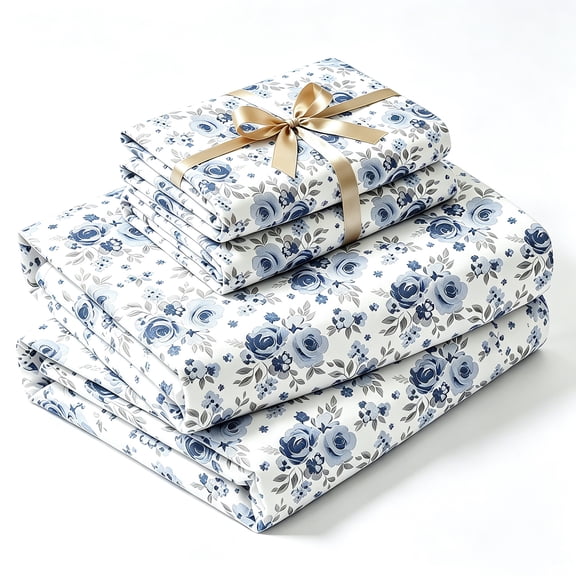 Soft Sheets Set - 3/4pcs Soft Breathable Microfiber Bed Sheet Set - Blue And White Floral Pattern Sheet Set - 14' Deep Pocket Non-Slip Floral Fitted Sheet Included for All Seasons
