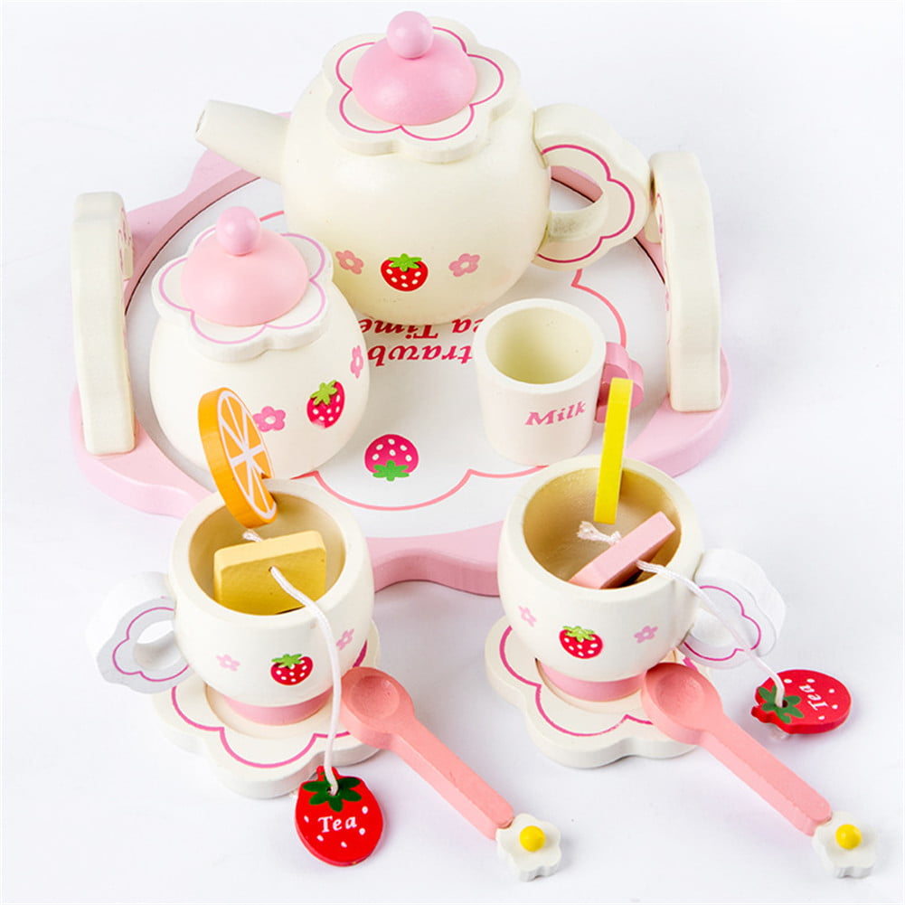 AKDSteel Kids Girls Simulate Wooden Pink Tea Set Play House Educational Toy