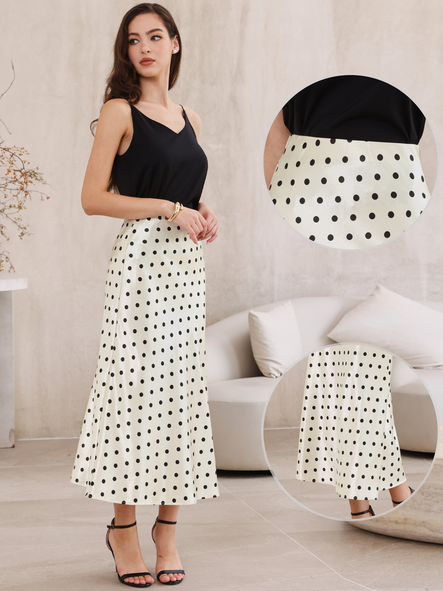 DARING DIVA Women's Silk Satin Polka Dot Midi Skirt with Design Small Light Apricot