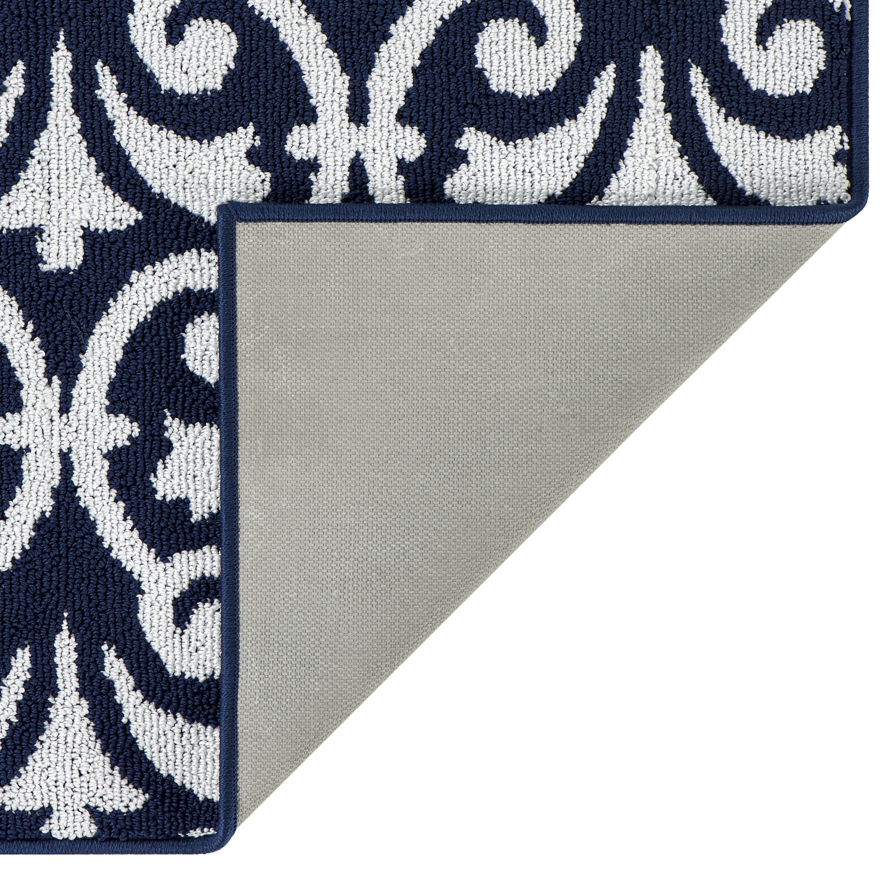 Washable Non-Slip Accent Rug, Floral Scroll, Navy and White, 26"x 45"